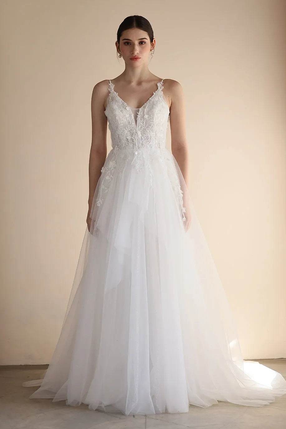 A-Line Sweep-Brush Train Lace Tulle Wedding Dress CW3550 - COCOMELODY